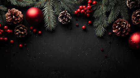 A stunning festive arrangement featuring pine cones, red ornaments, and vibrant greenery set against a dark background, perfect for holiday designs.の素材