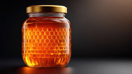 This image features a glass jar filled with organic honey, showcasing honeycomb texture. The warm lighting accentuates the golden hue, creating an inviting atmosphere.の素材