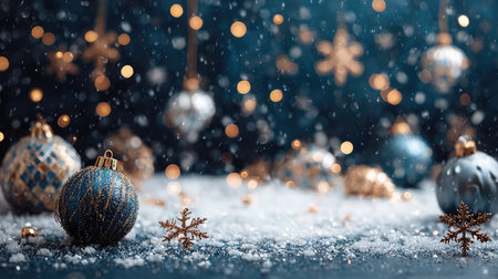 A festive scene featuring elegant Christmas ornaments resting on a snowy surface, enhanced by soft bokeh lights and gentle snowfall, evoking holiday joy.の素材