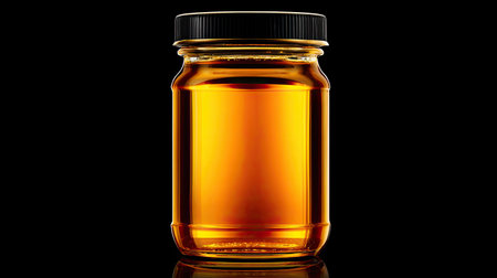 This image features a glass jar filled with rich amber honey, showcasing its golden color and transparency against a dark background. Perfect for product showcases and food-related content.の素材