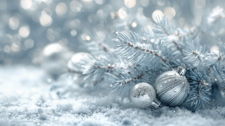 A tranquil winter scene featuring frosted pine branches adorned with elegant silver ornaments, evoking the spirit of the holiday season.の素材