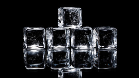 This image showcases a stunning arrangement of clear ice cubes stacked elegantly on a reflective surface. The dark background enhances their mesmerizing sparkle, making it ideal for beverage and culinary themes.の素材