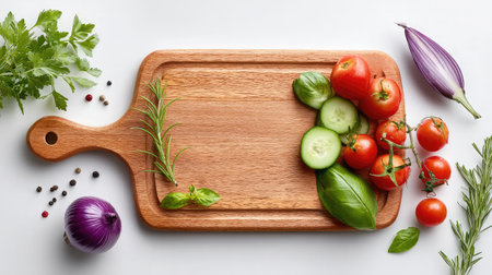 A vibrant arrangement of fresh organic vegetables and herbs on a wooden cutting board, ideal for culinary projects or healthy meal preparations.の素材