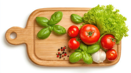 A visually appealing arrangement of fresh vegetables and herbs on a wooden cutting board, perfect for cooking enthusiasts and healthy meal inspirations.の素材