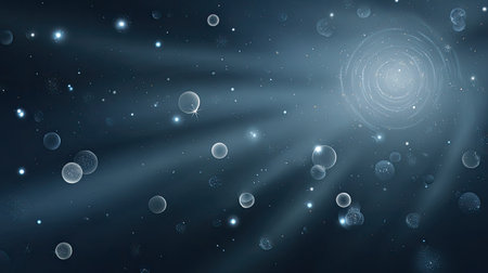 A mesmerizing deep space background featuring ethereal light rays and floating particles, creating a serene and mystical cosmic atmosphere.の素材
