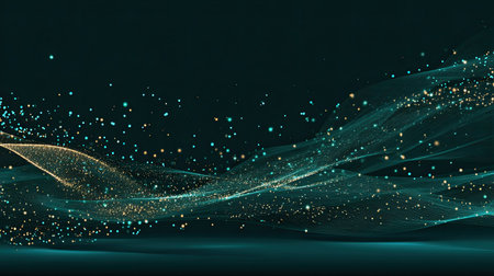 This mesmerizing image features ethereal waves of light adorned with shimmering particles in tranquil blue and gold hues, perfect for creative projects.の素材