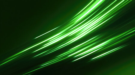 This dynamic abstract image features glowing green light trails that create a vibrant and energetic background, perfect for various creative projects.の素材