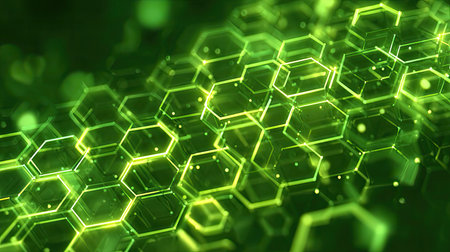 A captivating abstract design featuring a vibrant green hexagonal pattern with glowing edges, perfect for modern visuals and backgrounds.の素材