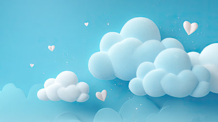 Soft clouds adorned with floating hearts create a dreamy atmosphere against a bright blue sky. This whimsical illustration evokes feelings of love and serenity, perfect for romantic themes or cheerful designs.の素材