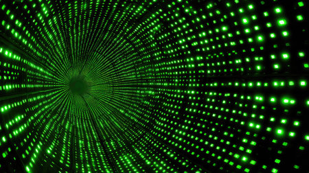 Experience the mesmerizing beauty of a green LED light tunnel that creates a futuristic and dynamic visual journey through abstract patterns and illumination.の素材