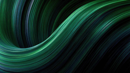 This stunning abstract image features a flowing wave pattern in rich shades of green, creating a visually striking effect on a dark background. Perfect for various creative projects.の素材