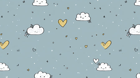 This charming illustration features a playful pattern of smiling clouds and hearts on a soft blue background, perfect for various design projects.の素材