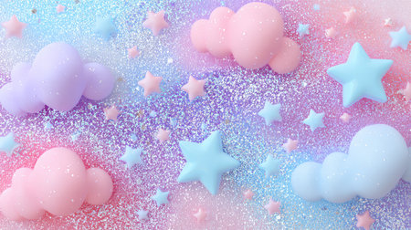 This vibrant image features soft pastel clouds and stars in hues of pink, blue, and purple, creating a whimsical and dreamy background perfect for playful designs.の素材