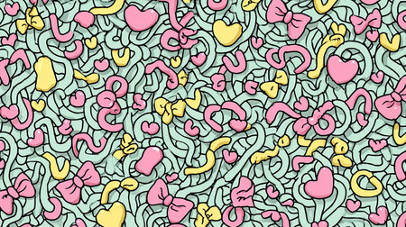 This vibrant illustration showcases a playful arrangement of colorful hearts, bows, and swirling shapes on a mint green background, perfect for creative projects.の素材