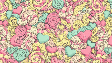 This whimsical pattern features colorful candies, hearts, and spirals in pastel shades, perfect for creative projects, backgrounds, and festive designs.の素材