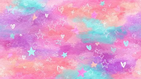A vibrant and whimsical abstract background featuring soft pastel shades of pink, purple, and blue adorned with playful stars and hearts. Perfect for art projects.の素材