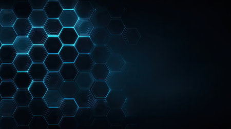 This image showcases an abstract hexagonal pattern with neon blue lines set against a dark background, ideal for technology, science, and digital art projects.の素材