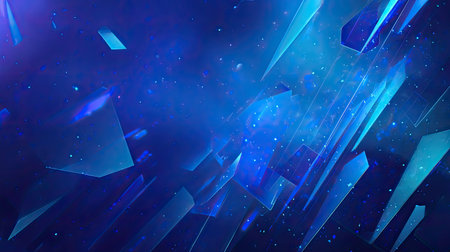 Explore a captivating abstract blue background featuring dynamic shards and shimmering light reflections, perfect for digital art, technology, and design themes.の素材