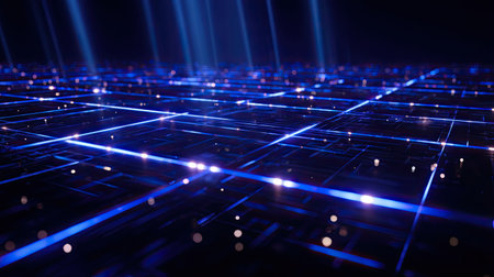 Discover a stunning abstract background featuring glowing blue lines and light beams that form a captivating digital grid effect, perfect for technology themes.の素材