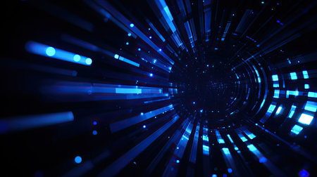 An abstract digital tunnel featuring dynamic blue light streaks against a dark background, creating a sense of depth and motion in a futuristic landscape.の素材