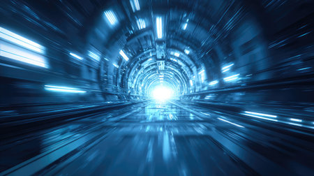 Experience a captivating digital tunnel, showcasing vibrant lights and dynamic energy. This abstract image represents speed and exploration in a futuristic landscape.の素材
