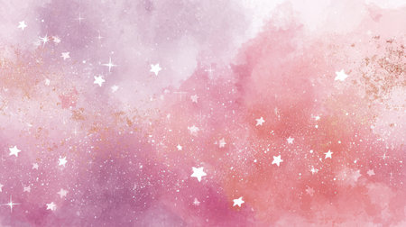 This dreamy watercolor background features a soft blend of pink and purple hues adorned with shimmering stars, perfect for artistic projects, invitations, or digital designs.の素材
