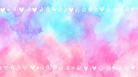 This vibrant watercolor background features a playful mix of pastel shades, adorned with whimsical hearts and stars, perfect for creative projects.の素材