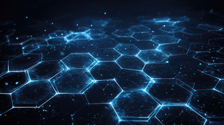 Explore an abstract network background featuring illuminated blue hexagons and shining particles. This design captures the essence of digital innovation.の素材