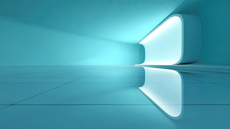 This image depicts a futuristic interior space bathed in soft blue lighting, featuring smooth curves and sleek surfaces. The minimalistic design evokes a sense of tranquility and innovation, perfect for creative projects or modern aesthetics.の素材
