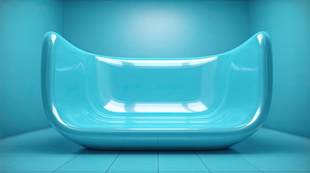 This image features a sleek turquoise couch placed in a minimalist room with soft lighting, showcasing smooth curves and a modern aesthetic ideal for contemporary interior design.の素材