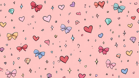 This vibrant background features a delightful combination of hearts, bows, and sparkling gems, perfect for creative projects, celebrations, and crafts. Ideal for adding a cheerful touch to designs.の素材
