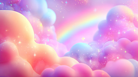 A whimsical sky features soft pastel clouds illuminated by gentle light, complemented by a vibrant rainbow and sparkling stars, creating a serene atmosphere.の素材