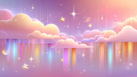 This colorful and dreamy sky background features soft pastel clouds and shimmering stars, accented by rainbow vertical lines. Perfect for projects needing a whimsical and serene aesthetic.の素材