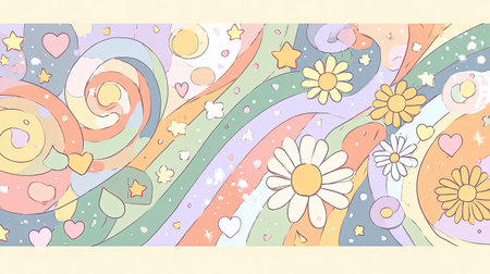 This vibrant and whimsical illustration features abstract swirls, flowers, and hearts in soft pastel tones. Perfect for creative projects, this art piece conveys a sense of joy and playfulness, making it ideal for backgrounds and designs that celebrate youthfulness and imagination.の素材