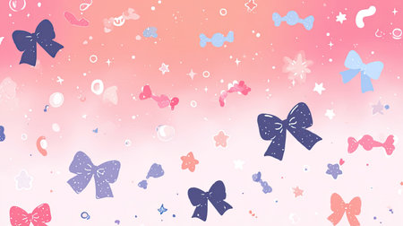 This vibrant abstract design features whimsical bows, stars, and candy shapes against a soft gradient background. Perfect for playful projects or dの素材