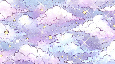 A whimsical illustration of a dreamy sky filled with pastel clouds and shimmering stars. This soft-colored design creates a serene and enchanting atmosphere. Perfect for various creative projects.の素材