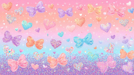 Vibrant and cheerful background featuring sparkling hearts and bows in pastel colors, perfect for creative projects, celebrations, and joyful designs.の素材