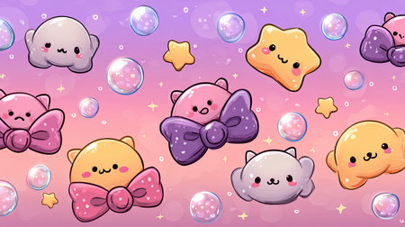 This vibrant illustration features cute cartoon characters with bows, surrounded by playful bubbles and stars. Perfect for cheerful designs.の素材