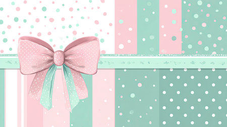 Capture the essence of celebration with this charming pastel bow design featuring playful polka dots and elegant stripes in soft pink and green hues. Perfect for festive projects.の素材
