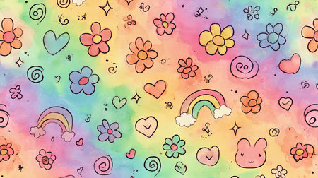 This whimsical pastel background features an array of cute doodles, including hearts, flowers, and rainbows, perfect for creative projects and designs.の素材