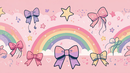 Whimsical pastel pattern featuring bows, stars, and rainbows. Perfect for children's themes, crafting projects, decorations, and fun creative works.の素材