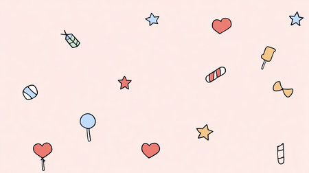This whimsical pattern features delightful candies and stars in various shapes against a soft pink background, perfect for children's designs or sweet-themed projects.の素材