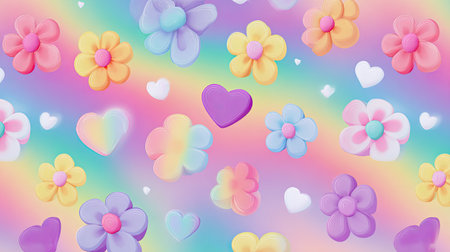 Bright and cheerful floral pattern featuring colorful flowers and hearts set against a soft rainbow background. Perfect for playful decorative uses.の素材