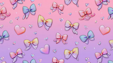 This delightful graphic features an array of colorful bows and hearts set against a soft gradient background, perfect for children's designs and crafts.の素材