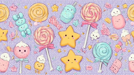 This delightful and colorful pattern features a variety of cute candies and desserts, perfect for festive occasions, children's parties, and cheerful designs.の素材
