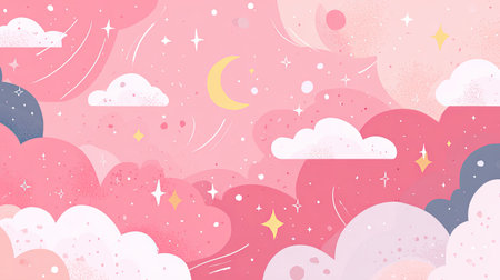 A whimsical illustration of a dreamy pink sky filled with soft clouds and twinkling stars, perfect for creating a magical and serene atmosphere.の素材