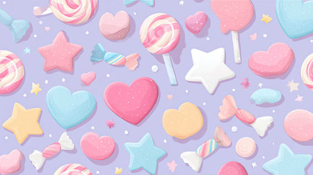 A vibrant and whimsical pattern featuring various candies and sweet treats. Lollipops, stars, and hearts are set against a soft purple background, creating a playful and joyful atmosphere perfect for celebrations and children's themes.の素材