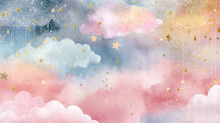 This enchanting pastel-colored background features fluffy clouds and golden stars adorned with subtle glitter, perfect for whimsical and creative projects.の素材