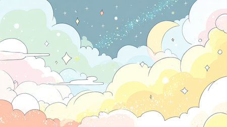 This whimsical illustration features a dreamy sky filled with colorful clouds, sparkling stars, and a gentle moon. Ideal for artistic projects, this background evokes a sense of tranquility and creativity.の素材