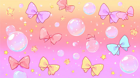 This playful illustration features colorful bows and bubbles on a soft pastel background, perfect for whimsical design projects and cheerful themes.の素材